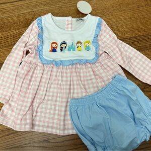 Pink Gingham princess top with Blue Bloomers